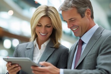 Smiling Business Professionals Engaging with Technology