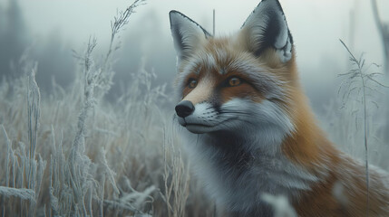 Obraz premium Red Fox in a Frosty Meadow - Digital Illustration