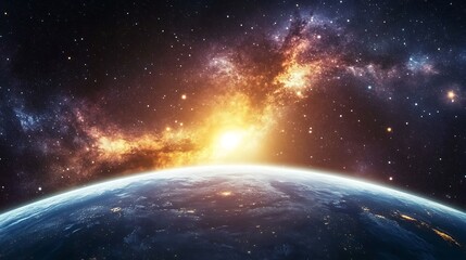 Cosmic Sunrise,  Earth Rising Through Starry Nebula