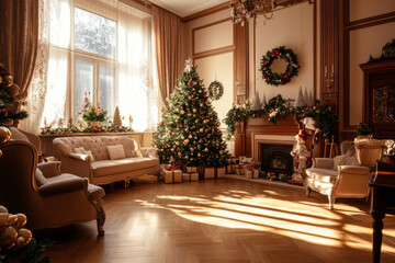Living room with a Christmas tree, festive garlands, and classic furniture