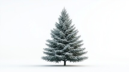 Fototapeta premium A tall, snowy pine tree stands alone against a white background.