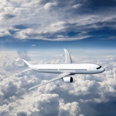 Obraz premium White airplane soaring through fluffy clouds in a bright blue sky during the day
