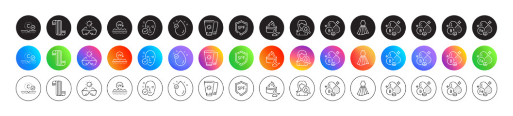 Dress, Sunglasses and Night cream line icons. Round icon gradient buttons. Pack of Iron, Pantothenic acid, Thiamine vitamin icon. Vitamin e, Moisturizing cream, Collagen skin pictogram. Vector