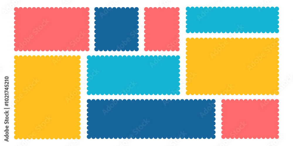 Poster scalloped edge rectangle text box set. playful abstract geometric frame. empty highlight speech bubb