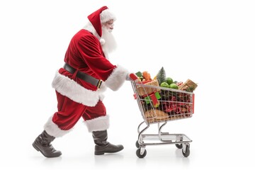 Santa Claus is in a joyful holiday spirit, shopping with a cart full of groceries, embodying the festive season. The festive senior is celebrating and preparing for a cheerful Christmas