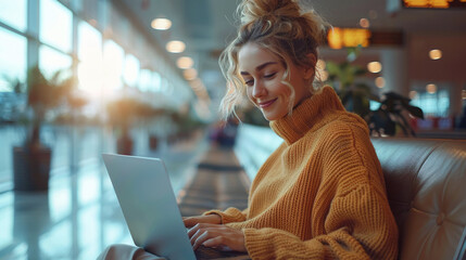 Smiling young woman waiting for flight, using laptop, browsing internet, doing e-business, online shopping. A traveling woman works remotely online on a computer in an airport boarding lounge.