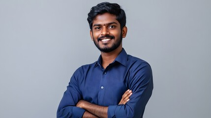 A portrait of an attractive young Indian man with wavy hair, smiling and standing confidently in front of a grey background, wearing a dark blue shirt