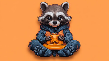 Fototapeta premium Cute cartoon raccoon in a blue jumpsuit holding an orange object.