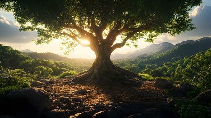 Obraz premium Surrealistic Tree with Huge Branches and Roots, Abstract Image, Texture, Pattern Background, Wallpaper, Cover and Screen for Smartphone, PC, Laptop, 9:16 and 16:9 Format