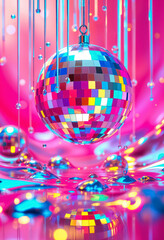 Obraz premium A shiny disco ball with reflective mirror tiles, suspended against a bright neon pink background