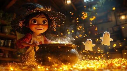 Cute little witch with a pot of potion