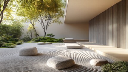 Fototapeta premium A zen garden with white sand, raked patterns, and smooth rocks. The garden is bordered by a wooden deck, and a building with a large window.