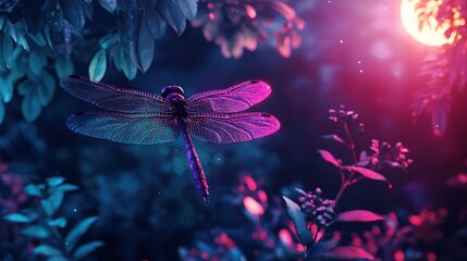   A majestic dragon perched high atop a verdant tree against a backdrop of vivid pink and azure skies The luminous moon graced the scene