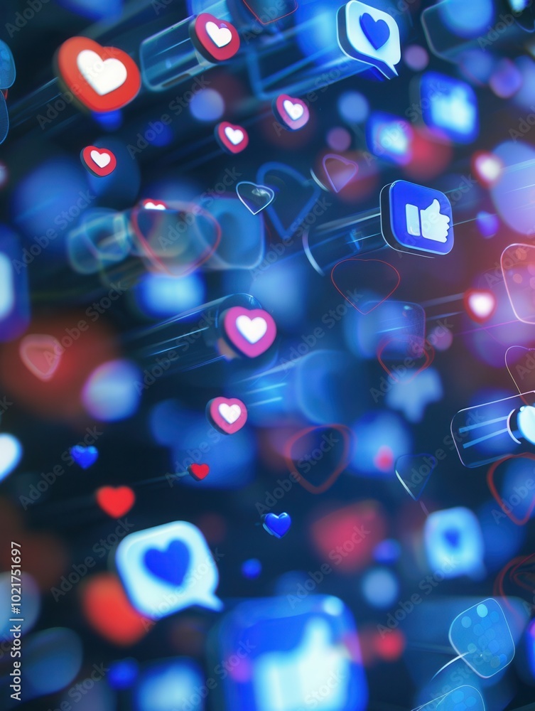 Poster Smartphones display a dynamic array of like and comment icons, surrounded by colorful heart symbols, symbolizing digital engagement. Generative AI