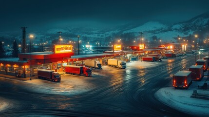 A long exposure shot of a truck stop at night, with a snowy landscape in the background.