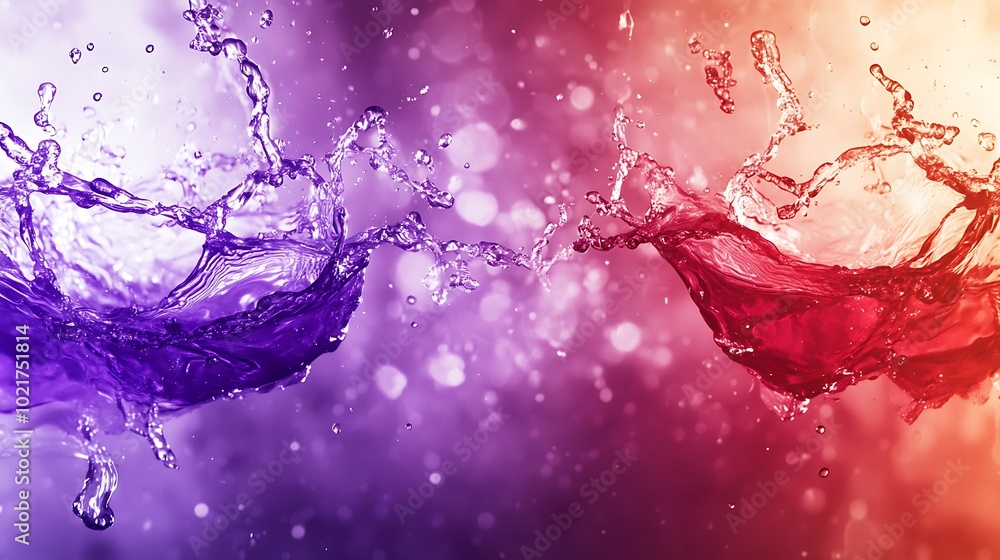Poster abstract water splash with purple and red color on a bokeh background