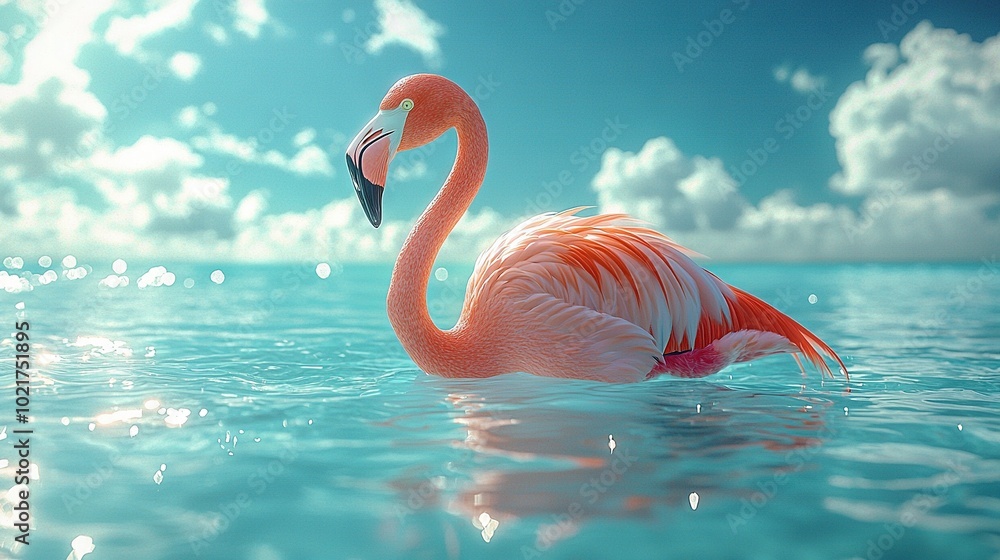Poster a flamingo in water with its head above the surface and clouds in the background