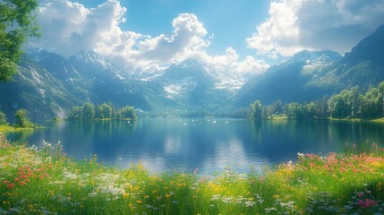 A picturesque scene of a serene lake with a lush meadow in the foreground and snow-capped mountains in the background, under a clear blue sky with fluffy white clouds.