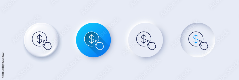 Poster hand click line icon. neumorphic, blue gradient, 3d pin buttons. currency exchange sign. cursor poin