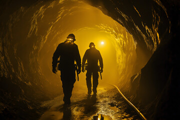 Miners navigating through a dimly lit underground cave