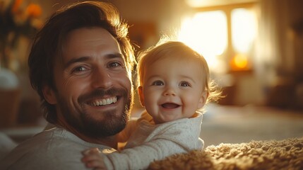 A father and his baby son are smiling at the camera. The father is holding his son in his arms. The light is coming from behind them, creating a warm glow.