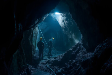 Miners navigating through a dimly lit underground cave