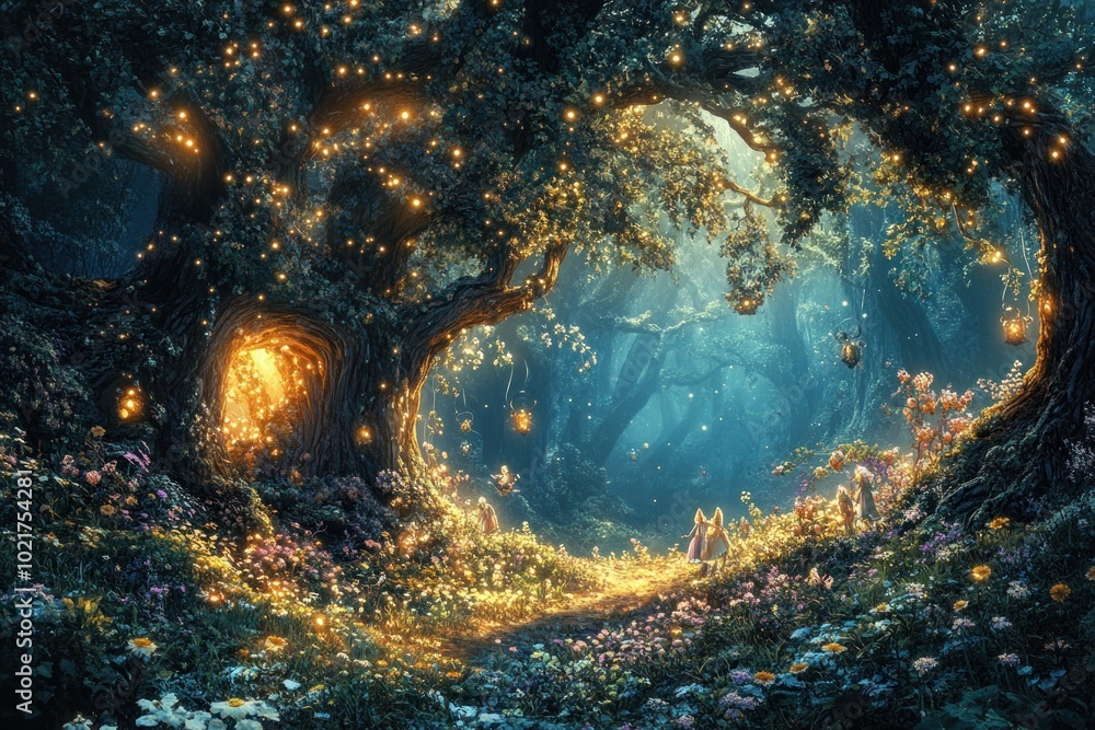 Poster a magical forest path illuminated by glowing lanterns leading to a hidden doorway in a large tree.
