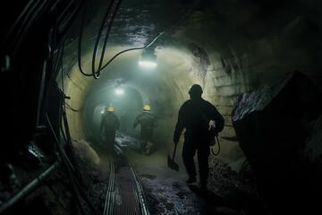 Miners navigating through a dimly lit underground cave