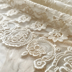 Obraz premium A detailed close up of a white lace fabric with floral embellishments in beige tones, perfect for creative arts projects, bridal accessories, or as a motif for tablecloths or flooring