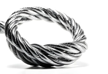  a shiny metallic rope node made of stainless steel, intricately twisted, isolated against a stark white background, reflecting light create with ai
