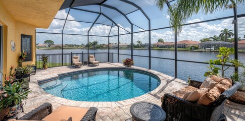 Obraz premium Luxury Florida mansion with lanai patio and screened in pool, exterior design