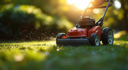 A red lawn mower is cutting grass in a yard. The grass is cut short and the mower is moving through the grass