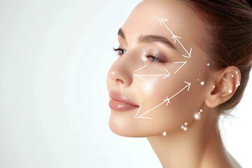 photo of a woman with arrows drawn on her face over a white background, symbolizing the areas targeted for tightening and lifting after liposuction and facelift surgery.