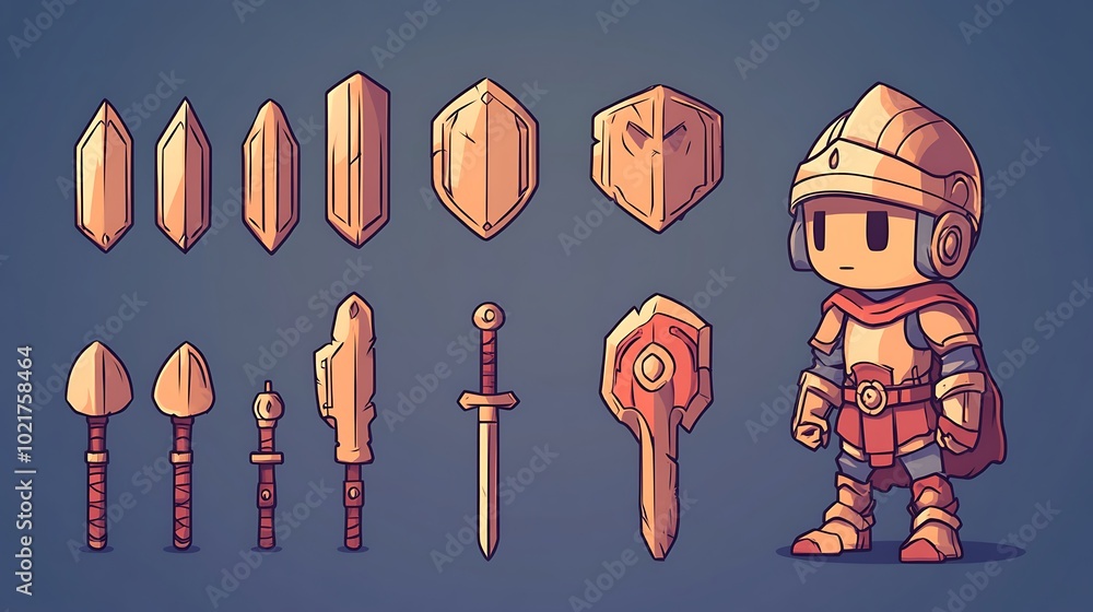 Poster cartoon knight character with different swords and shield sprites. game development assets for pixel