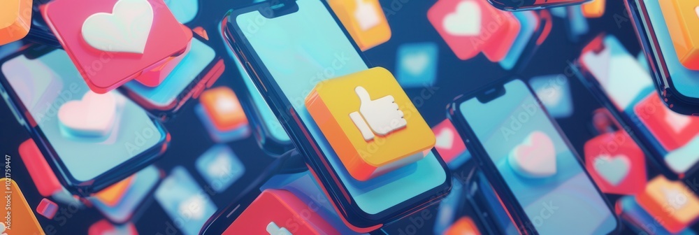 Poster A vibrant depiction of smartphones showcasing colorful like and comment icons, illustrating digital interaction in social media. Generative AI