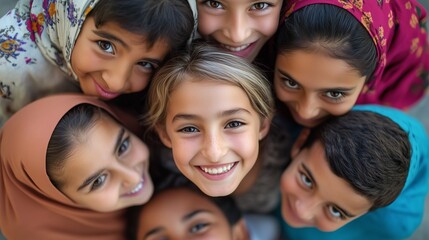 Obraz premium A circle of happy, multicultural children smiling brightly at the camera, showcasing unity and friendship in diversity.