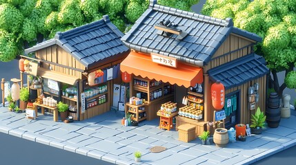Fototapeta premium Japanese Traditional Street with Shops and Trees, 3D Render