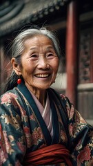 Obraz premium Portrait of smiling middle age old asian woman, Chinese, Korean, Japanese