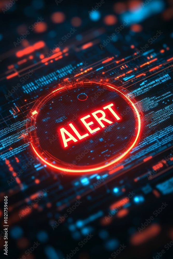 Aufkleber bold red 'alert' message surrounded by digital data visuals in a futuristic theme.