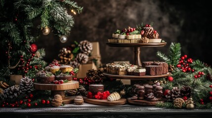 Beautiful holiday desserts surrounded by festive decorations and greenery, set in a cozy, elegant Christmas theme.
