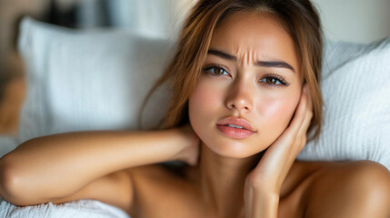Fototapeta premium A woman with long brown hair and brown eyes is laying on a bed. She is wearing no clothes and has her hands on her head