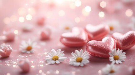 Sweet, Heart Shaped Gummy Candy, Pink, With Sugar with Flowers Around, Abstract Image, Texture, Pattern Background, Wallpaper, Cover and Screen of Smartphone, PC, Laptop, 9:16 and 16:9 Format