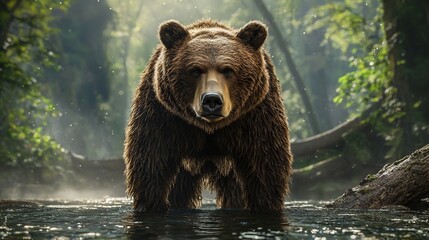 Obraz premium Large brown bear atop river, beside lush green forest full of trees