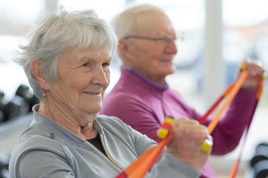 Senior couple using resistance bands for stretching exercises in a gym setting.