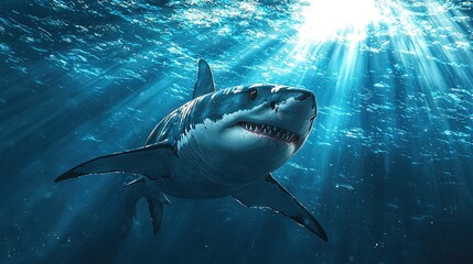Fototapeta premium A Great White Shark swims underwater with sunlight filtering through the surface