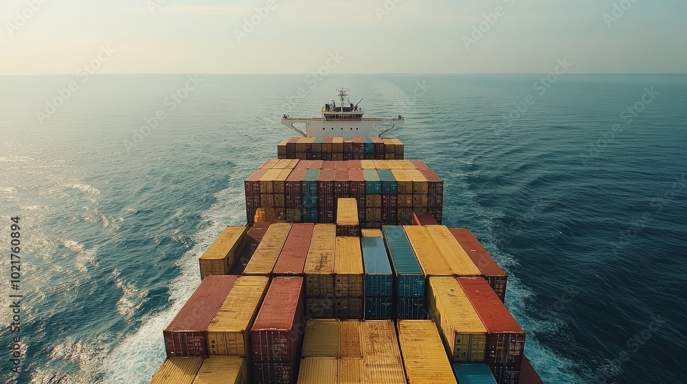 Poster aerial view of a cargo ship navigating through calm waters with colorful containers stacked high.