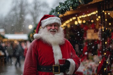 Joyful Santa Claus enjoying a festive market in snowy weather while holding a warm beverage during the holiday season