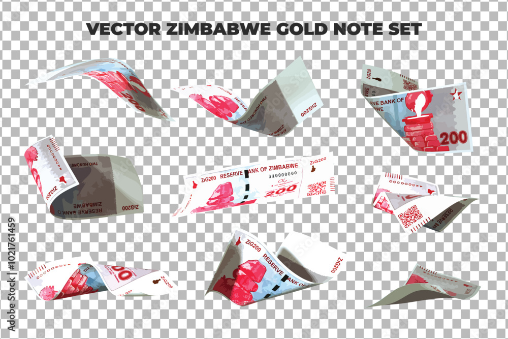 Aufkleber Vector illustration of set of 200 Zimbabwe gold zig notes flying in different angles and orientations. Currency note design in Scalable eps formate set