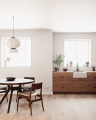 Bright and spacious Scandinavian-style kitchen-dining room.