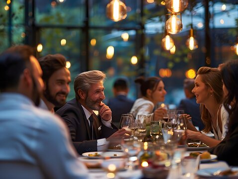 Professionals networking over dinner in refined setting